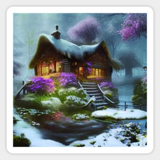 Sparkling Fantasy Cottage with Lights and Glitter Background in Snowy Scene, Scenery Nature Magnet